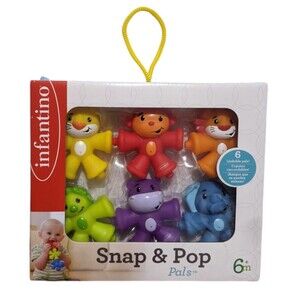 New Infantino Toy Snap & Pop Set 6 Animal Pals Baby Toddler Sensory Motor Skills